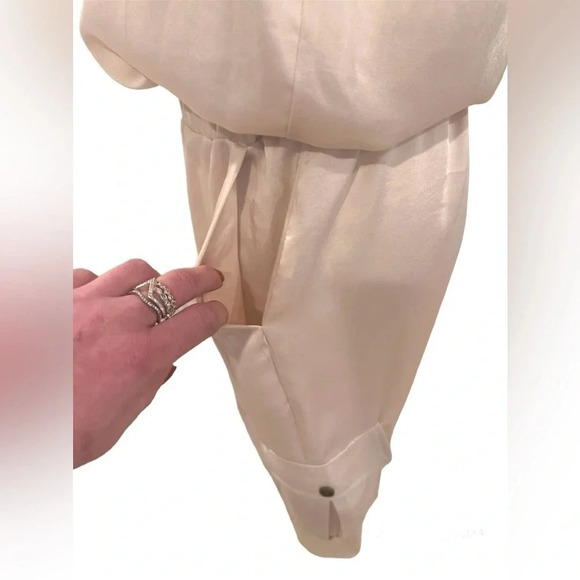 ๐ Ramy Brook MELISSA Smock Waist Satin Jogger Jumpsuit Color BONE, Size Medium - Picture 8 of 10